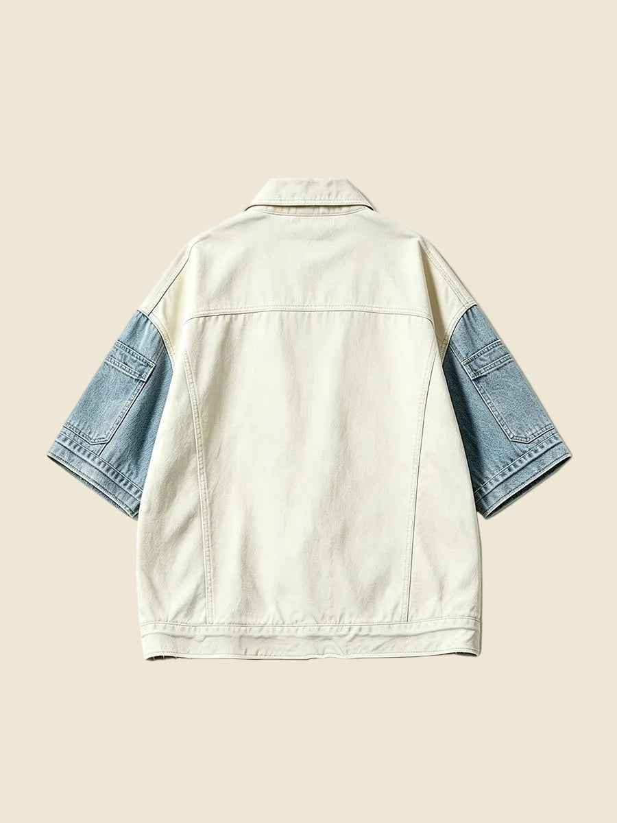 Color Block Patchwork Regular Shoulder Oversized Short Sleeve Denim Jacket Cream Blue Wash | WHYSOIL