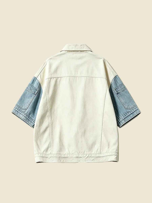 Color Block Patchwork Regular Shoulder Oversized Short Sleeve Denim Jacket Cream Blue Wash | WHYSOIL