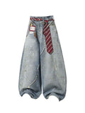 Whysoil-Detachable Stripe Tie Vintage Washed Distressed Balloon Wide Leg Jeans