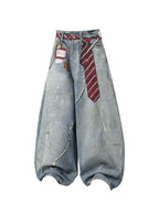Whysoil-Detachable Stripe Tie Vintage Washed Distressed Balloon Wide Leg Jeans