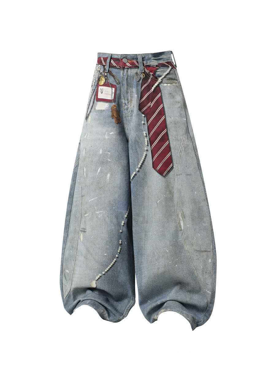 Whysoil-Detachable Stripe Tie Vintage Washed Distressed Balloon Wide Leg Jeans