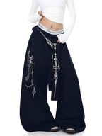 Whysoil-Ornate Sword Vertical Print Flap Pocket Baggy Wide Leg Casual Pants