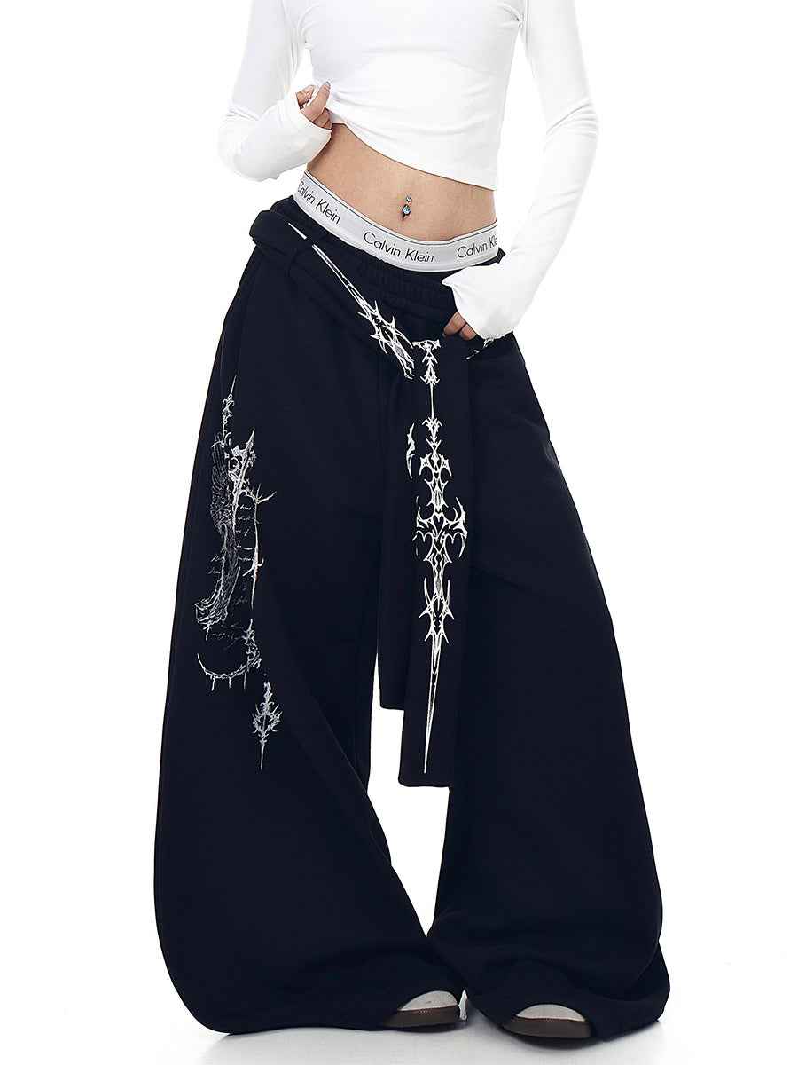 Whysoil-Ornate Sword Vertical Print Flap Pocket Baggy Wide Leg Casual Pants