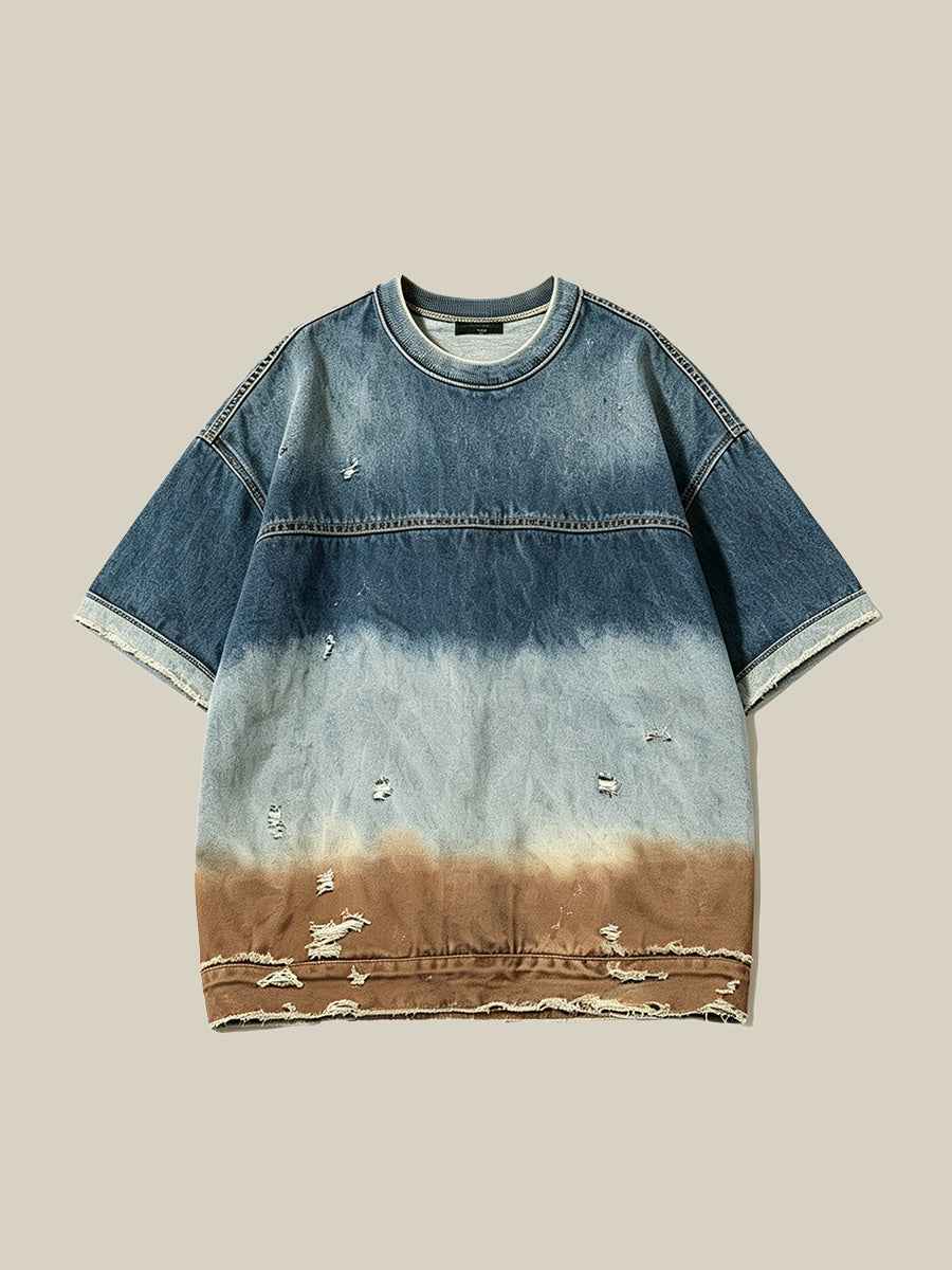 Gradient Distressed Vintage Denim Oversized Short Sleeve Tee Tri-Color Earth Fade Wash | WHYSOIL