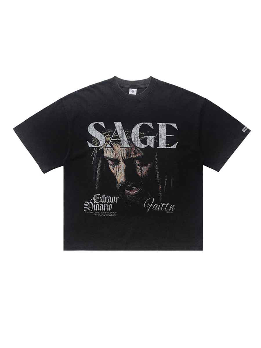 Whysoil-SAGE Vintage Religious Portrait Print Oversized Black T-Shirt