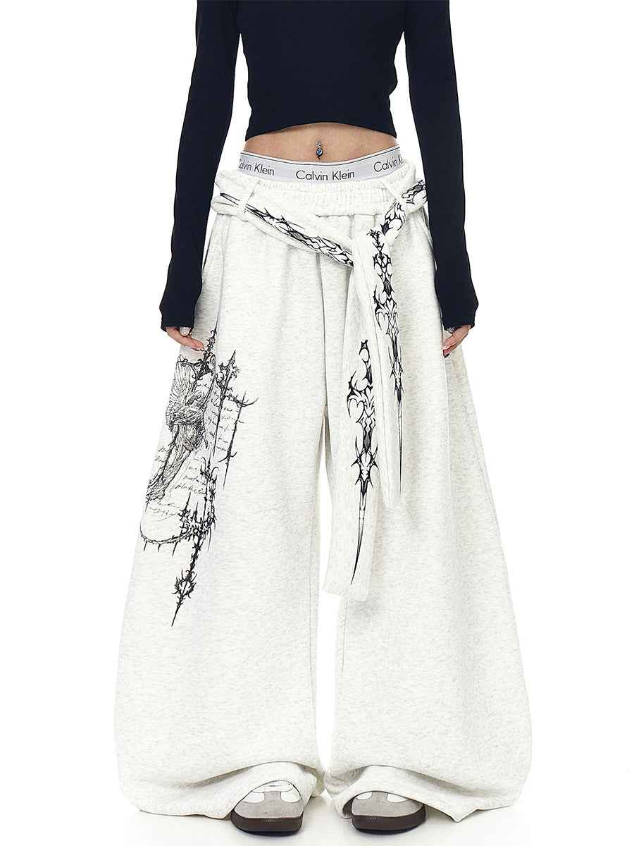 Whysoil-Ornate Sword Vertical Print Flap Pocket Baggy Wide Leg Casual Pants