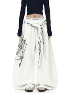 Whysoil-Ornate Sword Vertical Print Flap Pocket Baggy Wide Leg Casual Pants