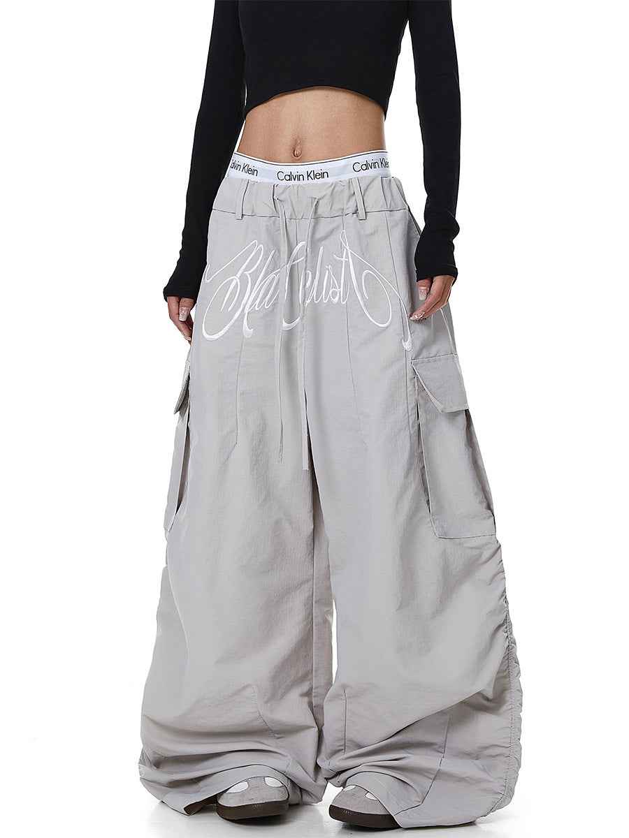 Whysoil-Cursive Front Letter Dual Pocket Drawstring Ultra Wide Leg Cargo Pants