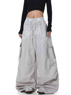 Whysoil-Cursive Front Letter Dual Pocket Drawstring Ultra Wide Leg Cargo Pants