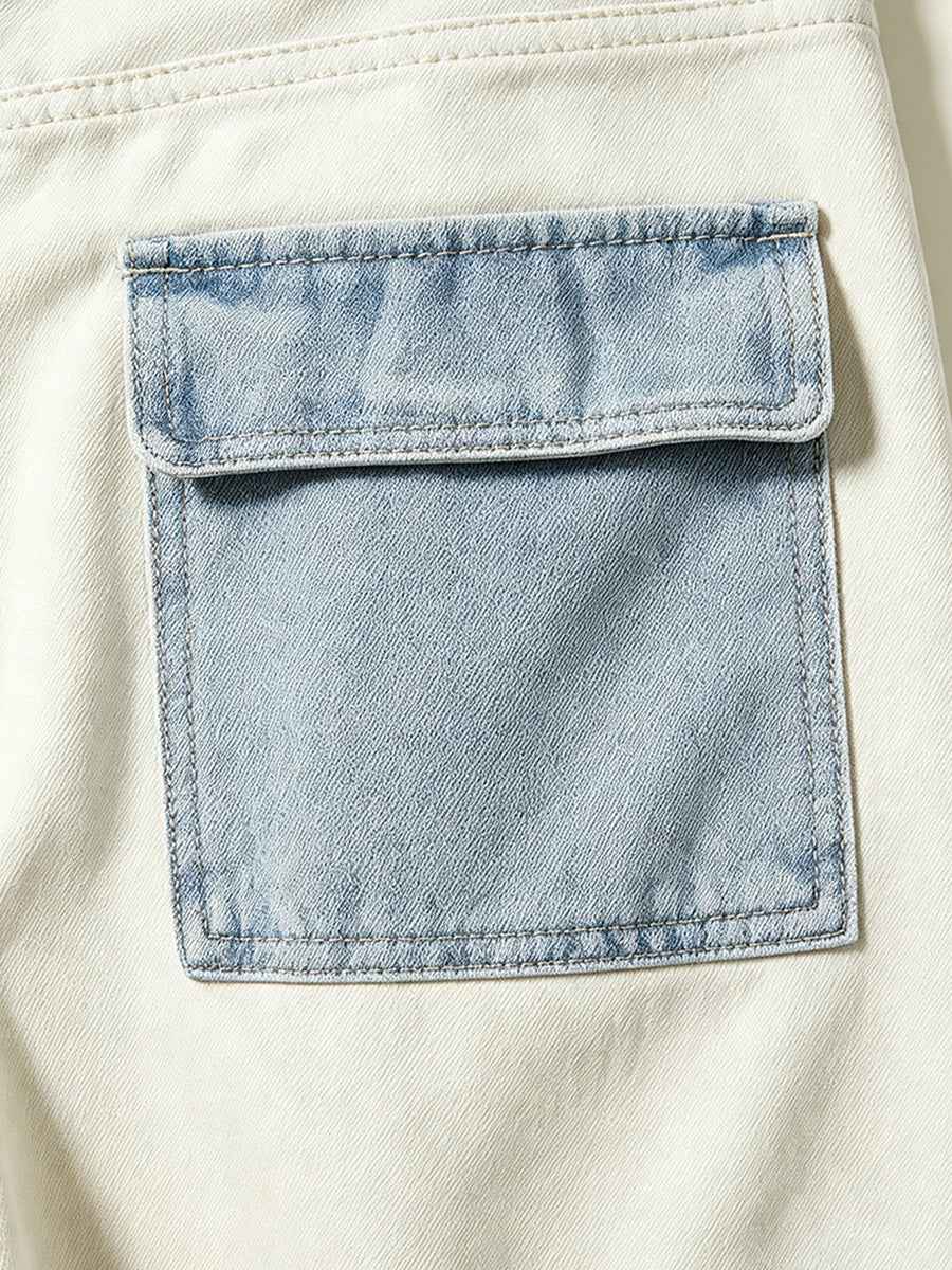 Cream Light Blue Color Block Cargo Wide Leg Full-Length Denim Pants | WHYSOIL