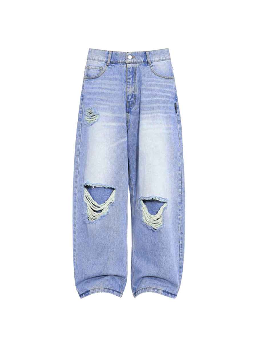 WHY SOIL Distressed Light Wash Casual Denim Pants