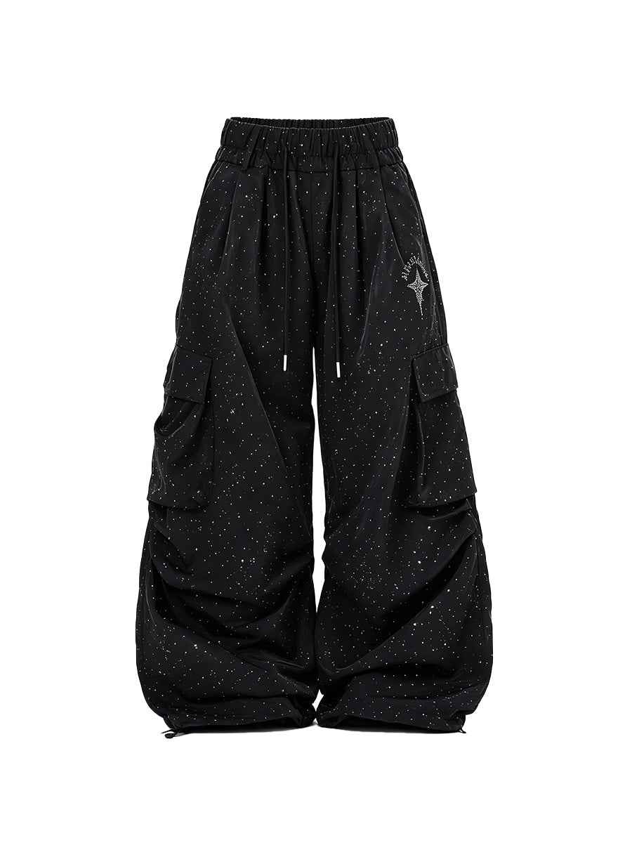 Whysoil-Star Glitter Print Multi-Pocket Ruched Drawstring Wide Leg Cargo Pants