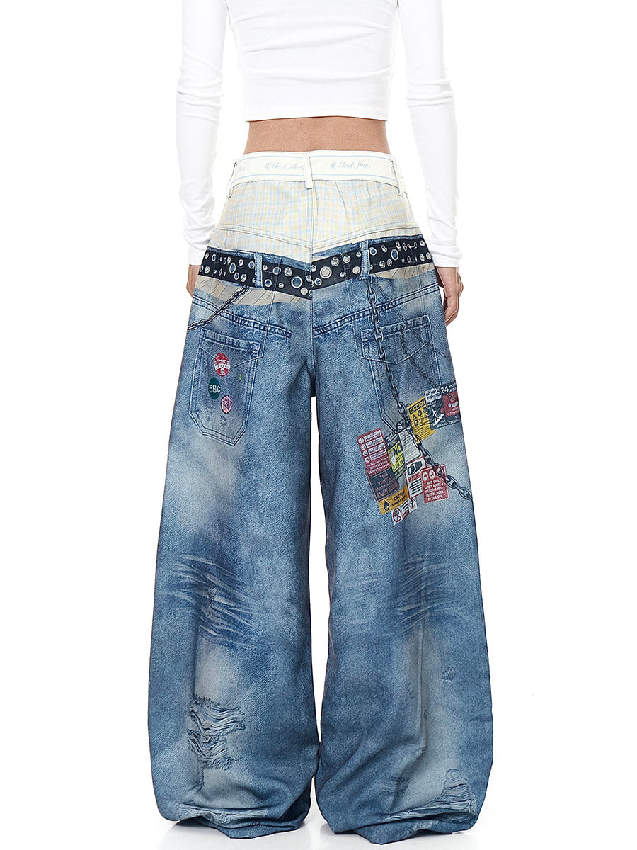 Whysoil-Plaid Spliced Waist Multi Label Patch Distressed Wide Leg Denim Pants
