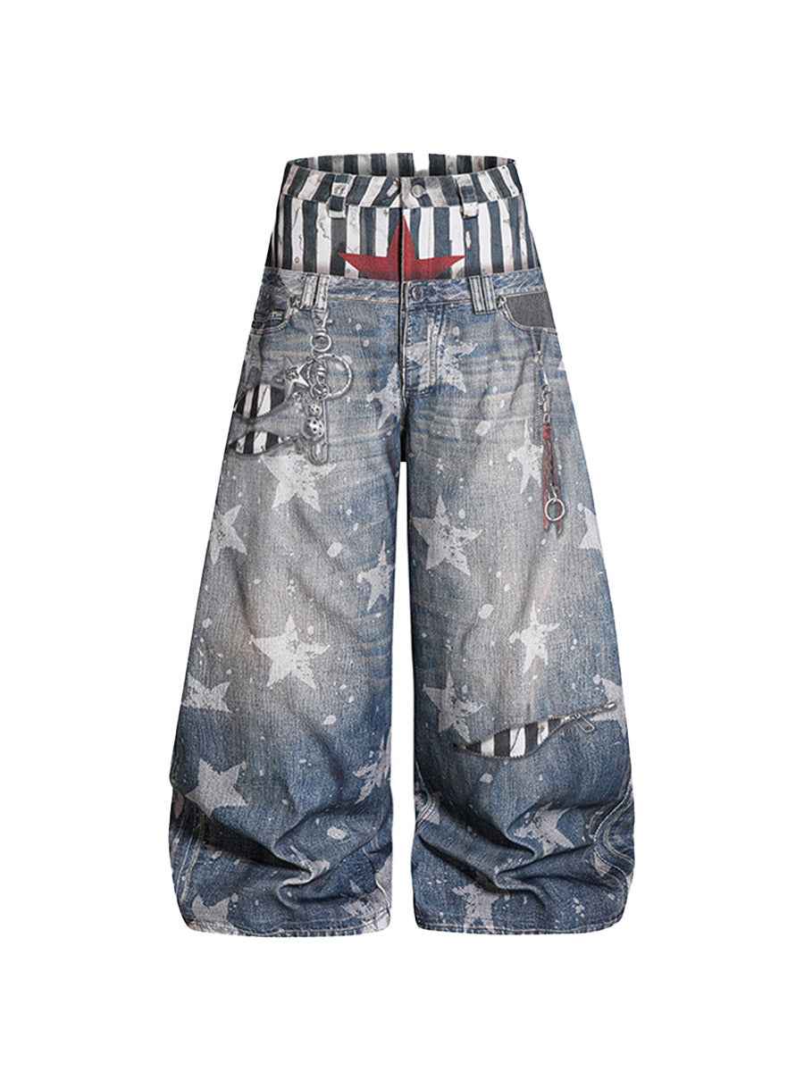 Whysoil-All Over Star Print Striped Waist Red Star Baggy Wide Leg Denim Pants
