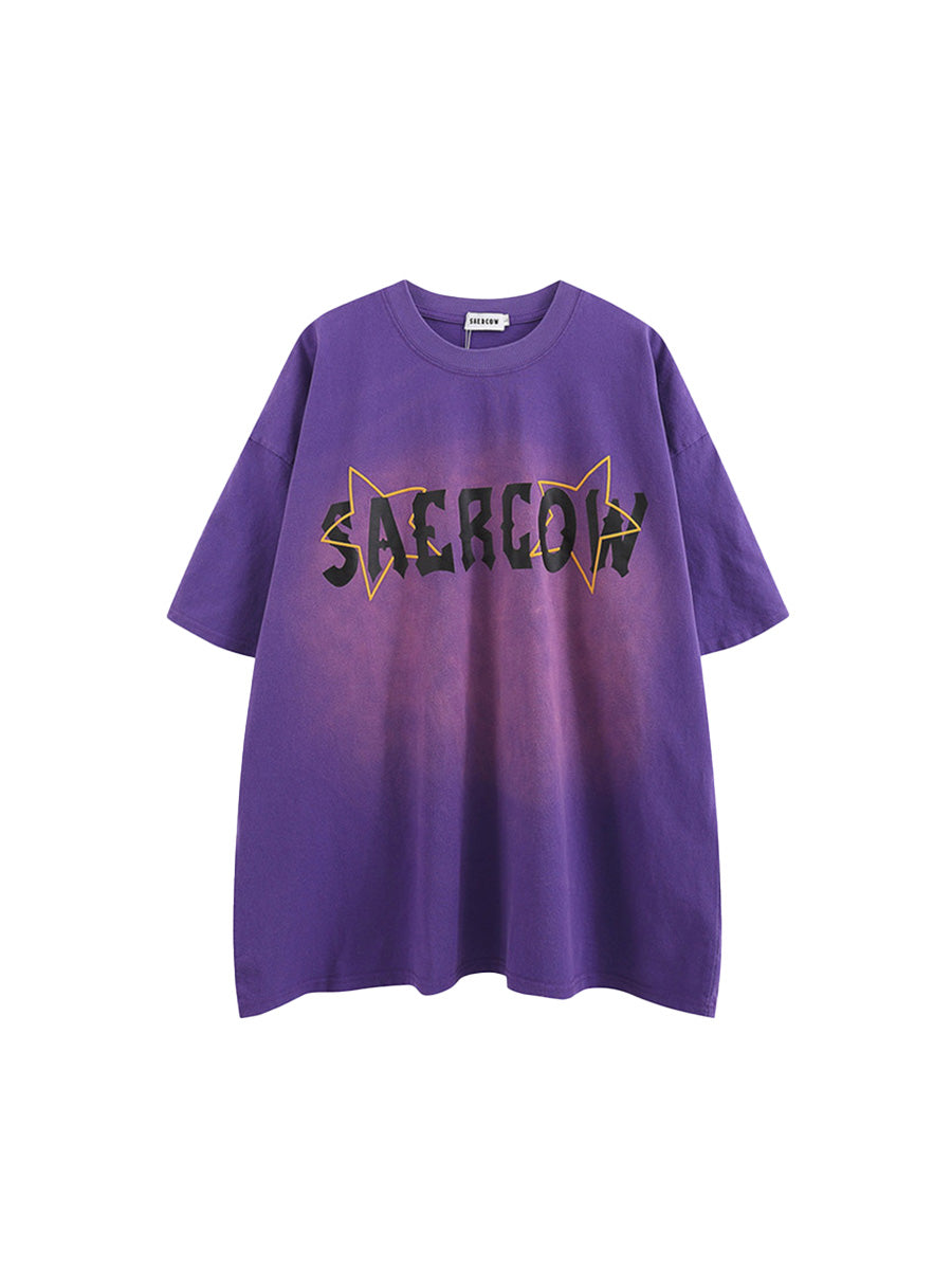 Whysoil-Front & Back Star Letter Gradient Washed Oversized Short Sleeve T-Shirt