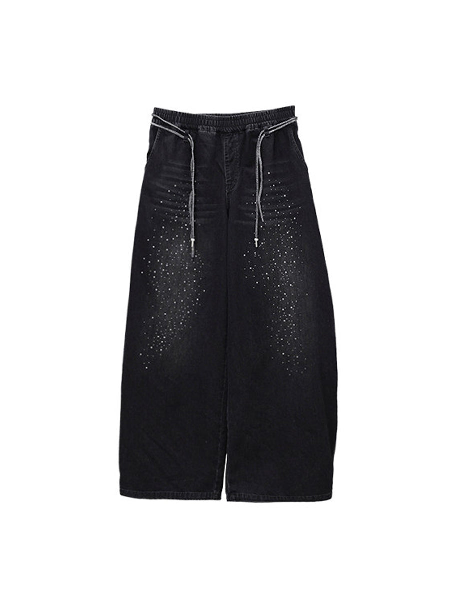 WHY SOIL Black Galaxy Rhinestone Wide Leg Denim Pants