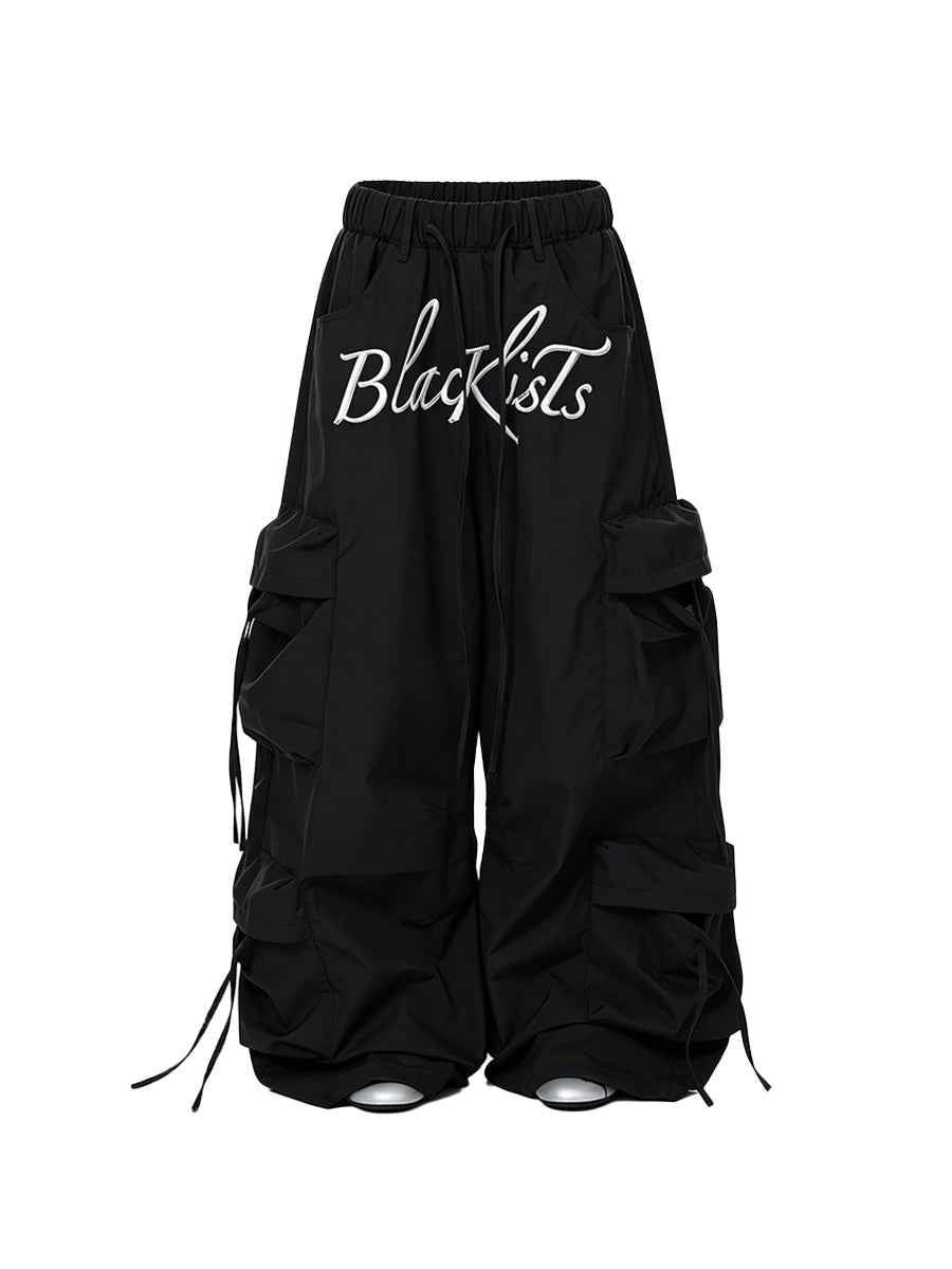 Whysoil-Embroidered Multi-Pocket Drawstring Wide Leg Cargo Pants