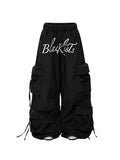 Whysoil-Embroidered Multi-Pocket Drawstring Wide Leg Cargo Pants