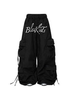 Whysoil-Embroidered Multi-Pocket Drawstring Wide Leg Cargo Pants