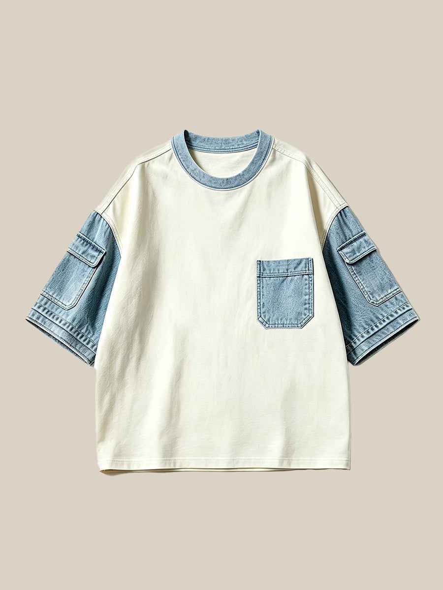 Cream Light Blue Color Block Cargo Sleeve Crew Neck Oversized Short Sleeve T-Shirt | WHYSOIL