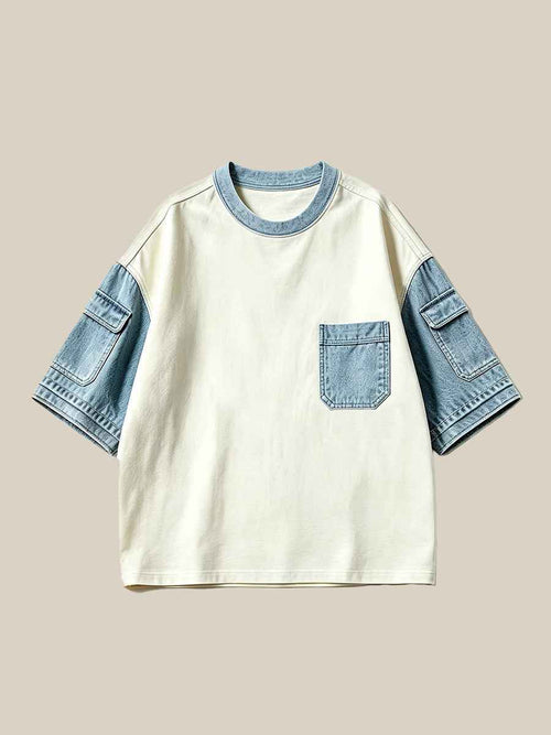 Cream Light Blue Color Block Cargo Sleeve Crew Neck Oversized Short Sleeve T-Shirt | WHYSOIL