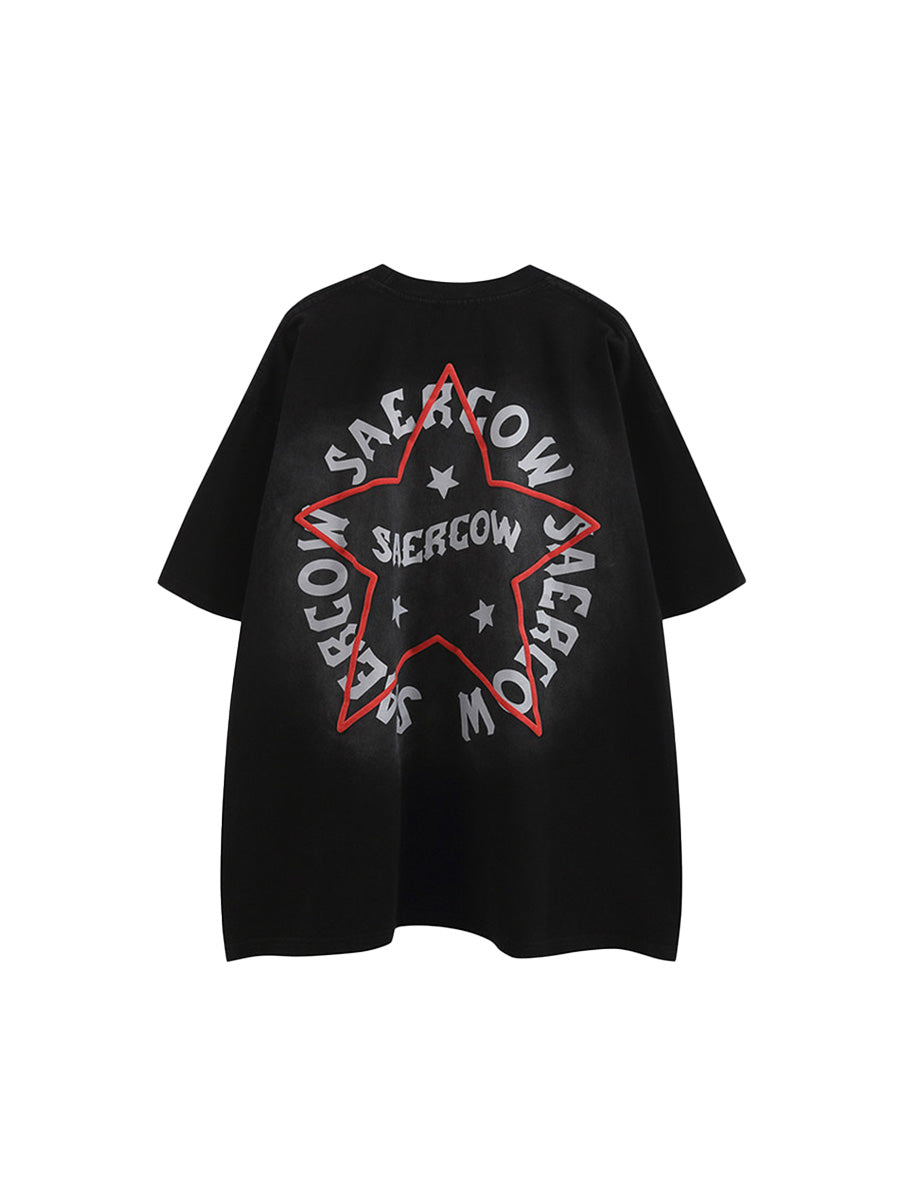 Whysoil-Front & Back Star Letter Gradient Washed Oversized Short Sleeve T-Shirt