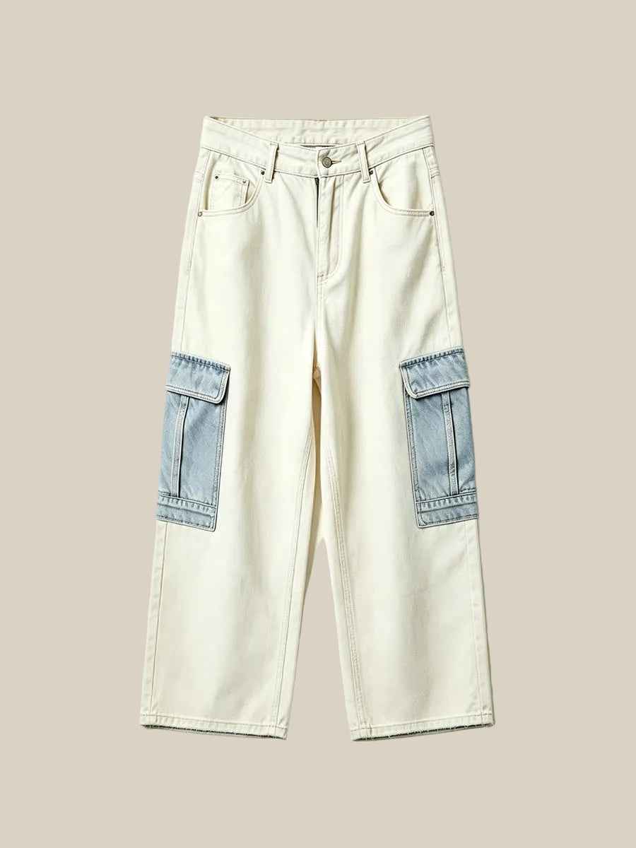 Cream Light Blue Color Block Cargo Wide Leg Full-Length Denim Pants | WHYSOIL