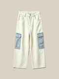 Cream Light Blue Color Block Cargo Wide Leg Full-Length Denim Pants | WHYSOIL