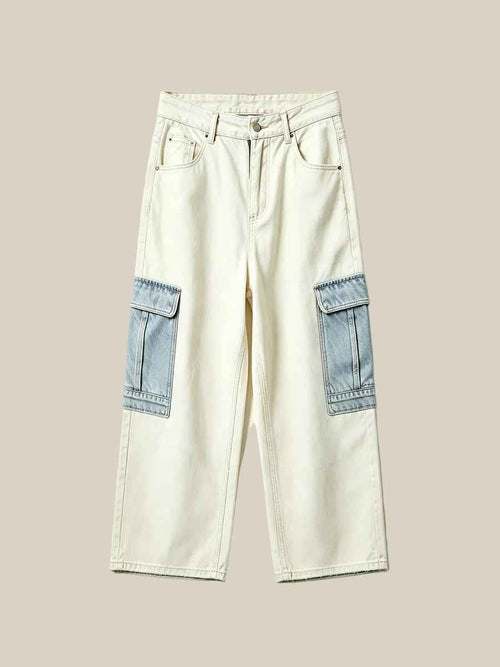 Cream Light Blue Color Block Cargo Wide Leg Full-Length Denim Pants | WHYSOIL
