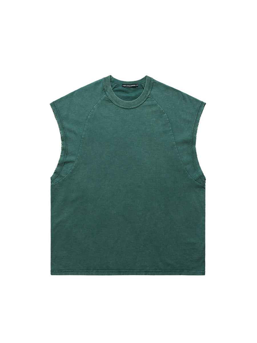 Whysoil-Washed Grey Raw Edge Sleeveless Oversized Crew Neck Tank Top