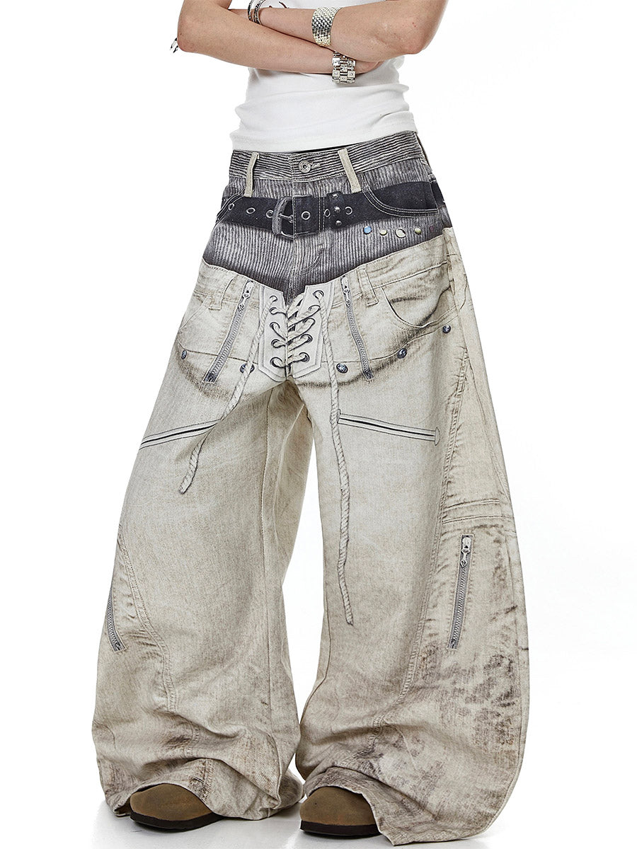 Whysoil-Double Layer Waist Lace-Up Front Stitch Detail Baggy Balloon Denim Pants