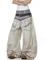 Whysoil-Double Layer Waist Lace-Up Front Stitch Detail Baggy Balloon Denim Pants