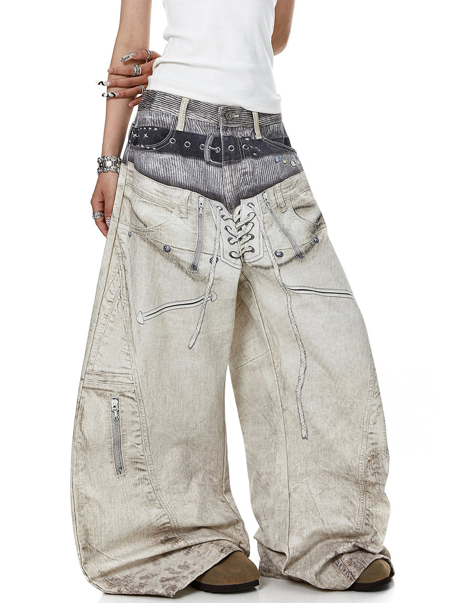 Whysoil-Double Layer Waist Lace-Up Front Stitch Detail Baggy Balloon Denim Pants