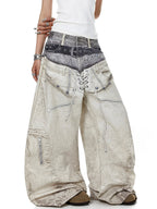 Whysoil-Double Layer Waist Lace-Up Front Stitch Detail Baggy Balloon Denim Pants