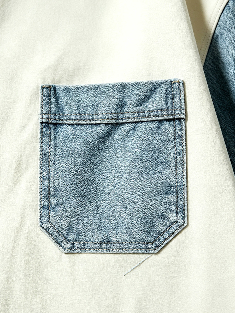 Cream Light Blue Color Block Cargo Sleeve Crew Neck Oversized Short Sleeve T-Shirt | WHYSOIL