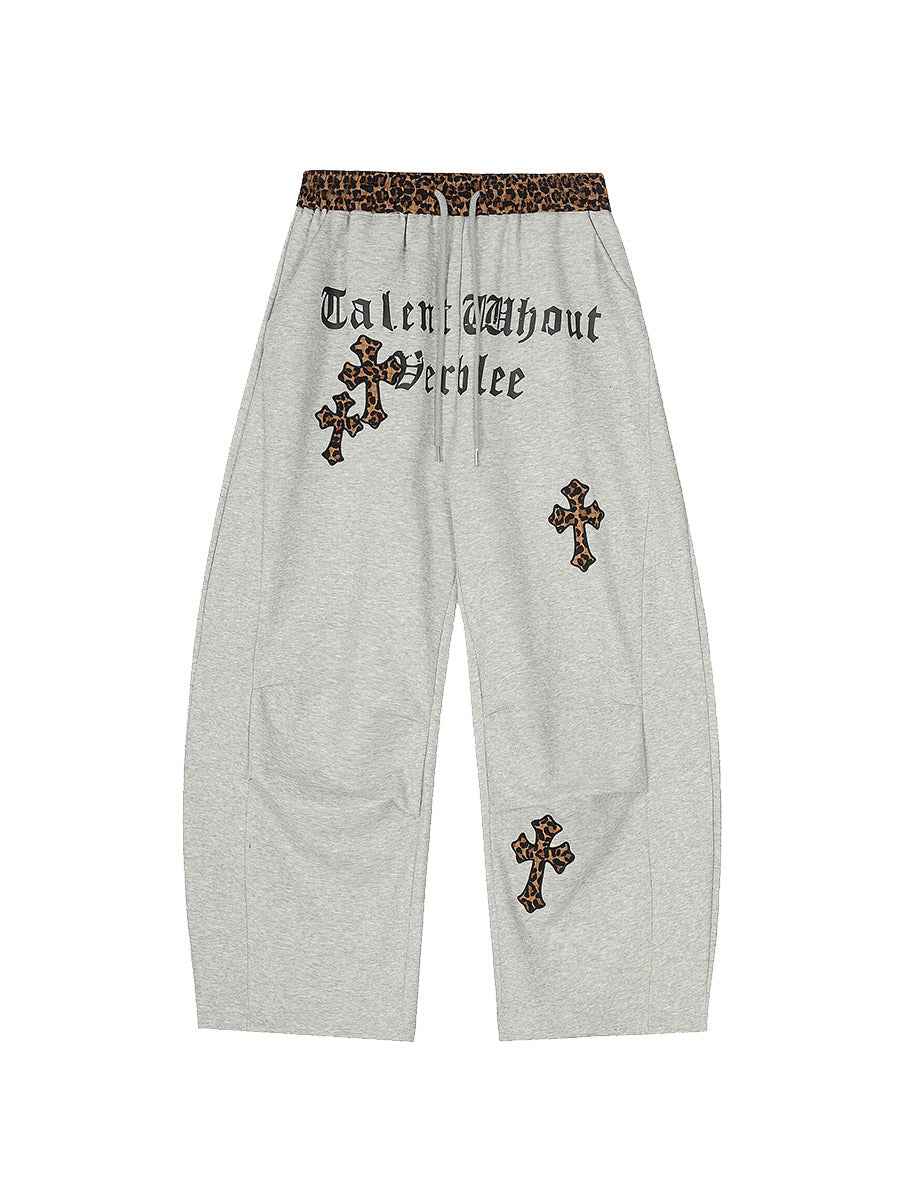 Whysoil-Leopard Waistband Cross Embroidery Gothic Letter Loose Harem Cargo Pants