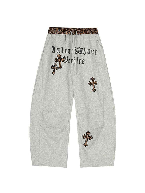 Whysoil-Leopard Waistband Cross Embroidery Gothic Letter Loose Harem Cargo Pants