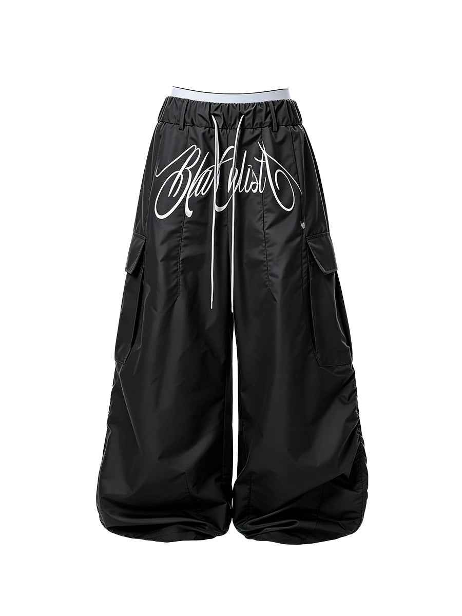 Whysoil-Cursive Front Letter Dual Pocket Drawstring Ultra Wide Leg Cargo Pants
