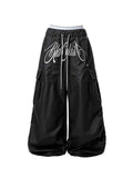 Whysoil-Cursive Front Letter Dual Pocket Drawstring Ultra Wide Leg Cargo Pants