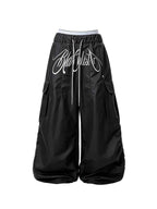 Whysoil-Cursive Front Letter Dual Pocket Drawstring Ultra Wide Leg Cargo Pants