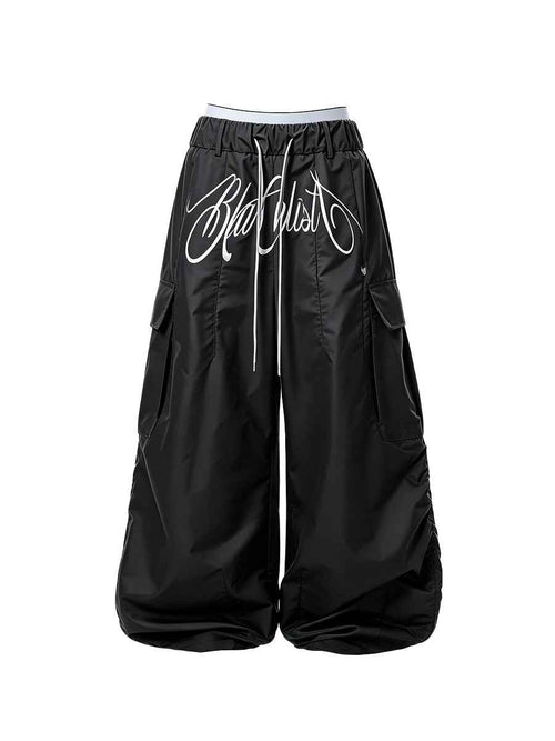 Whysoil-Cursive Front Letter Dual Pocket Drawstring Ultra Wide Leg Cargo Pants