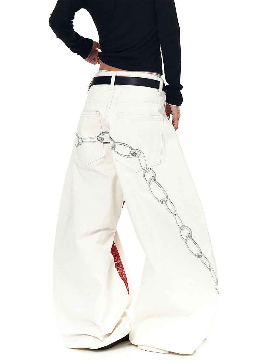Whysoil-Distressed Red Cross Chain Hook Graphic Oversized Wide Leg Casual Pants