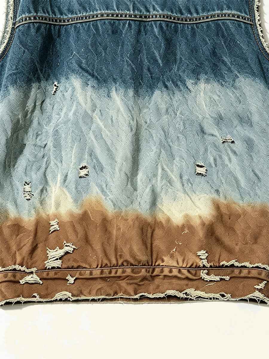 Gradient Distressed Vintage Denim Oversized Sleeveless Tank Top Tri-Color Earth Fade Wash | WHYSOIL