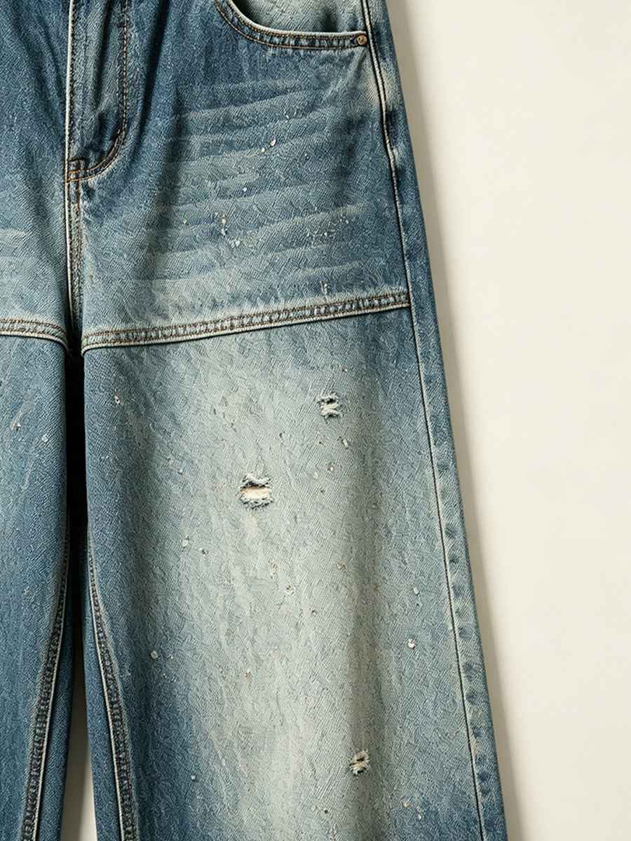 Gradient Distressed Vintage Denim Wide Leg Pants Tri-Color Earth Fade Wash | WHYSOIL