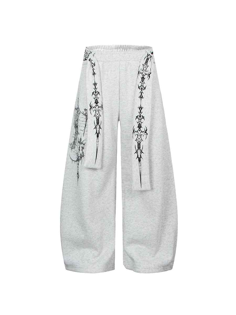 Whysoil-Ornate Sword Vertical Print Flap Pocket Baggy Wide Leg Casual Pants