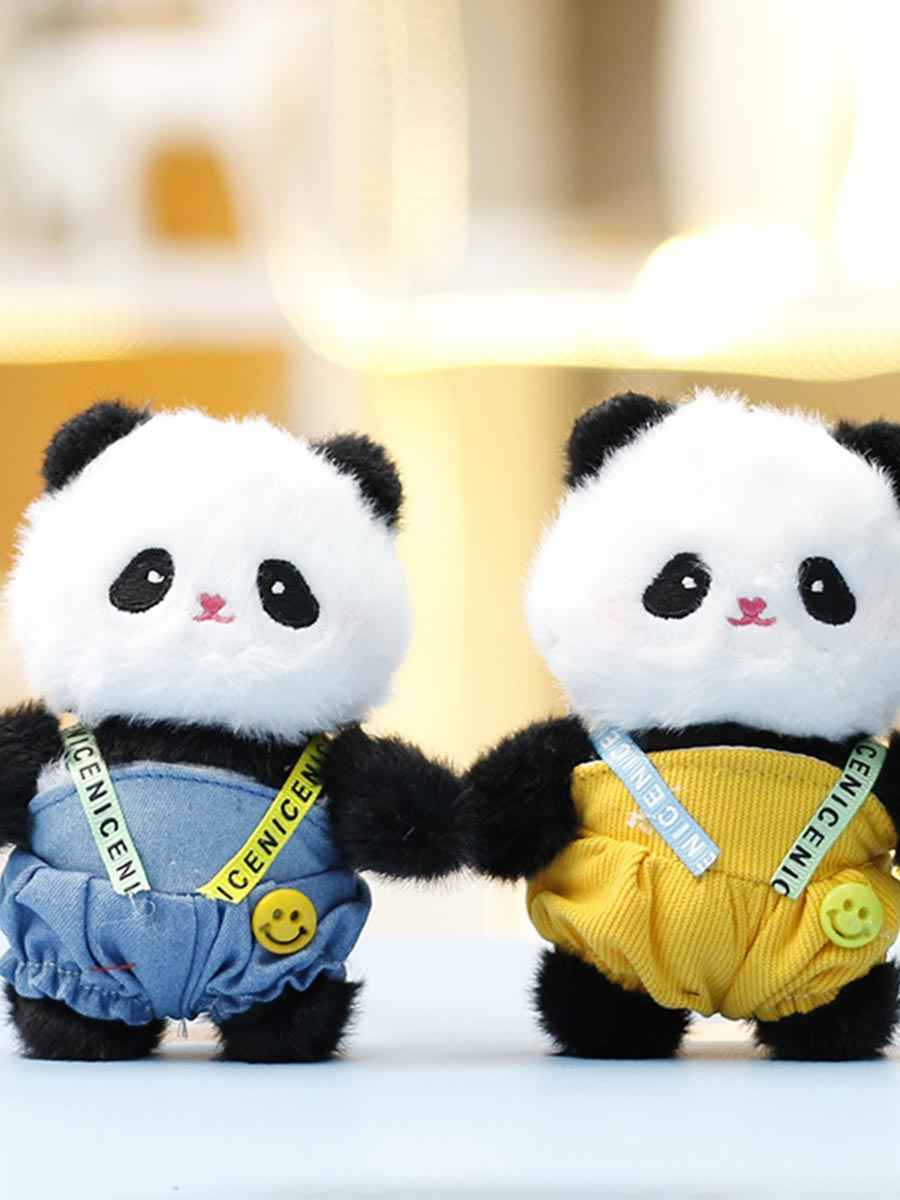 Whysoil-Cute Denim Overalls Panda Plush Keychain