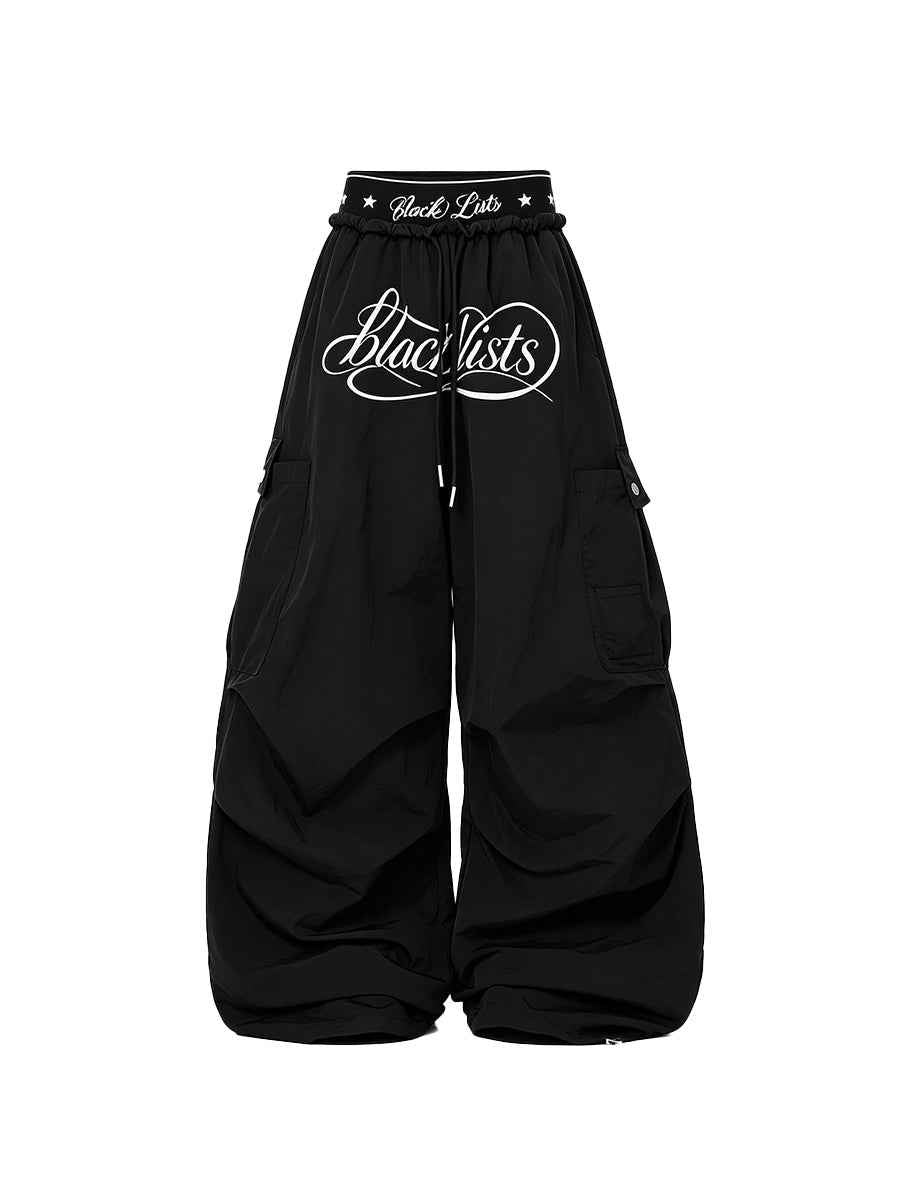 Whysoil-Cursive Print Multi-Pocket Ruched Wide Leg Cargo Pants