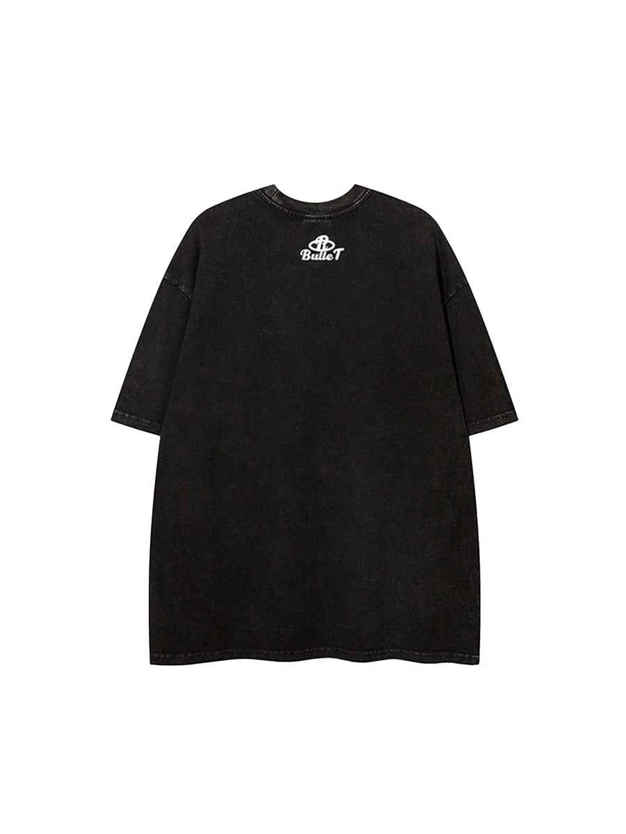 Whysoil-Blur Block Letter Small Logo Chest Print Washed Oversized T-Shirt