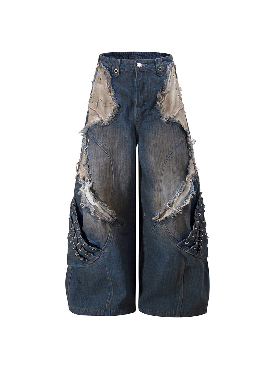 Whysoil-Contrast Patch Raw Fringe Rivet Curved Stitch Wide Leg Denim Pants