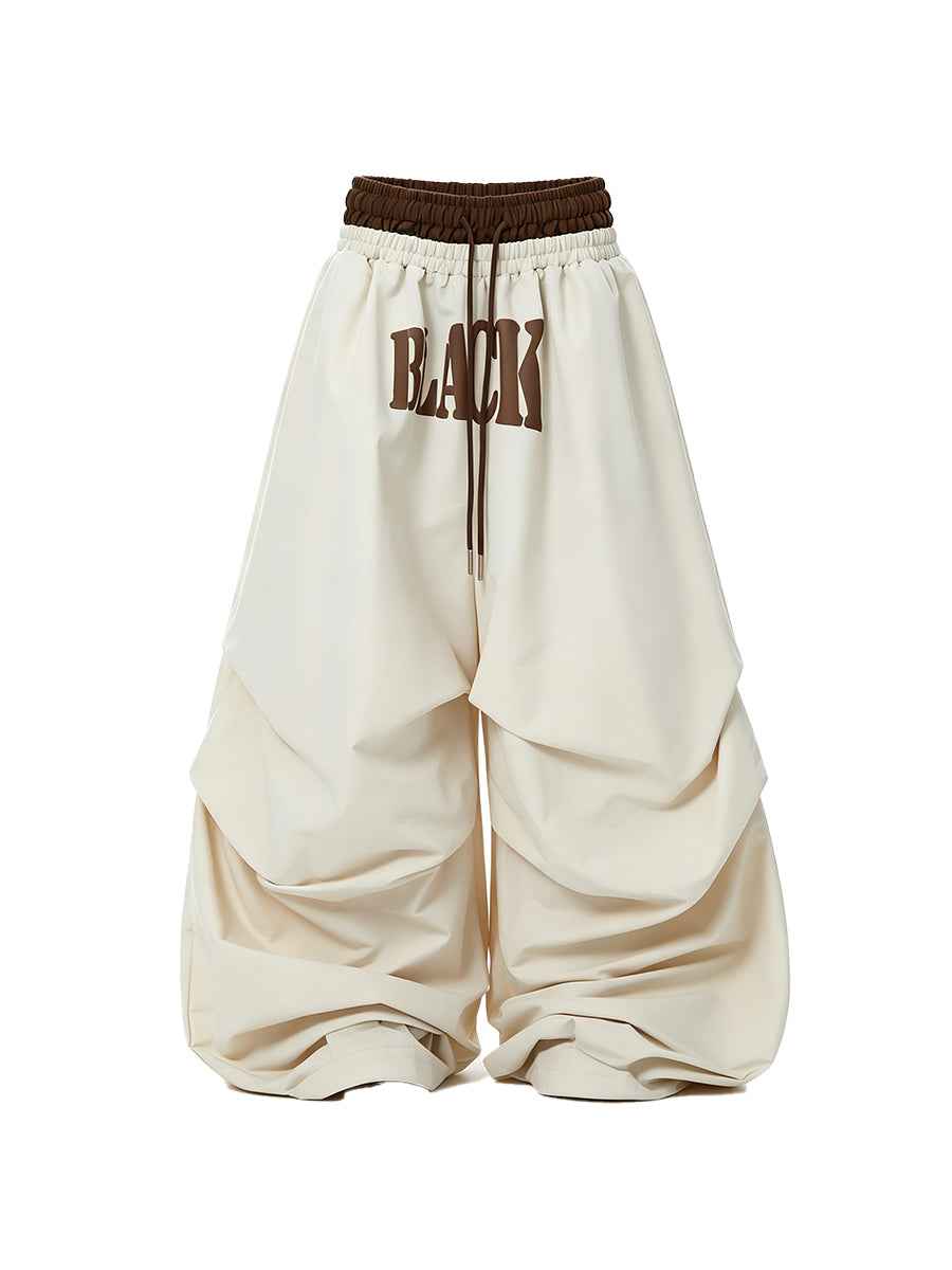 Whysoil-Bold Block Letter Print Ruched Wide Leg Drawstring Cargo Pants